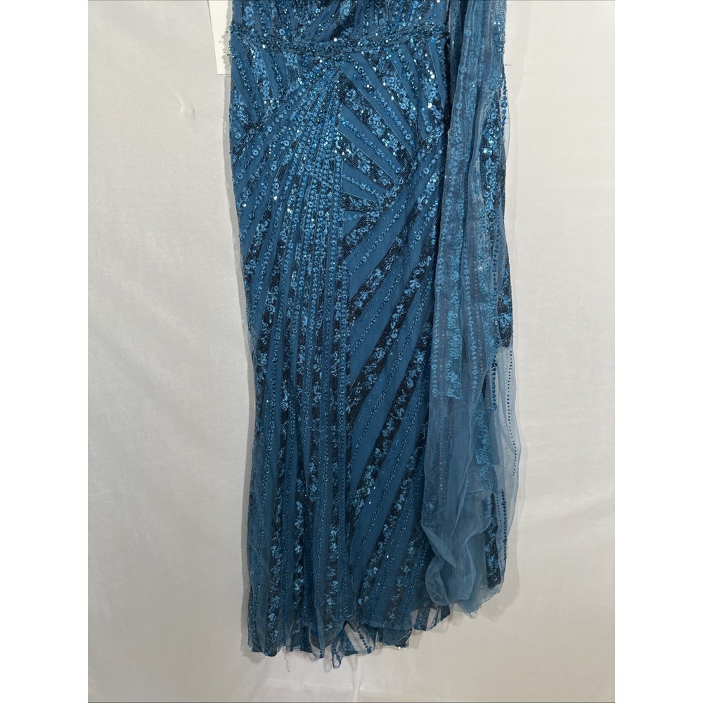 NWT Mac Duggal [ 4 ] 20528 One Shoulder‎ Cape Sleeve Embellished Gown Blue J1911 - Picture 11 of 15